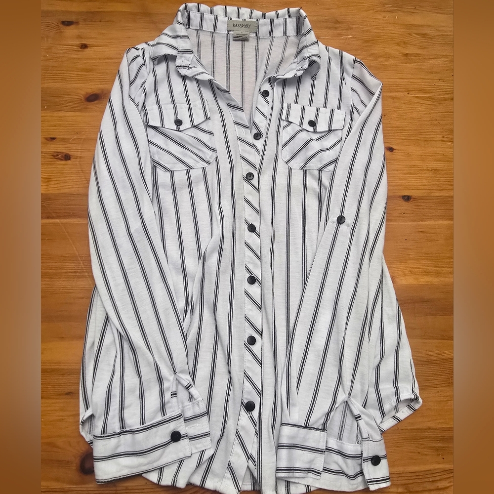 Passport Black and White Striped Button-Down Shirt